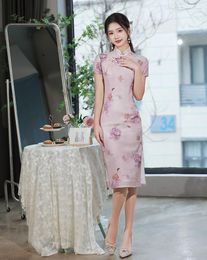 Ethnic Clothing Chinese Style Summer Fashion Formal Women Short Sleeve Qipao Party Elegant Linen Floral Print Cheongsam
