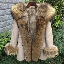 Women's Fur Faux Fur Winter Natural Raccoon Fur Parka Coat Oversized Fur Collar Placket Rabbit Liner Warm And Comfortable Women's Clothing 231110