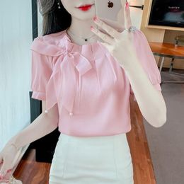 Women's Blouses Woman Ruffle Elegant Casual Style Short Sleeve Solid Top Blouse Female Summer Chiffon Shirts Ladies Bow Print G280