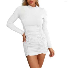 Casual Dresses Fashion Women Ladies Autumn Sexy Bodycon Dress Long Sleeve Mock Neck Solid Colour Ruched Stretch Mini Club Black White