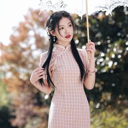Ethnic Clothing Oriental Style Qipao Women Spring Short Sleeve Lace Plaid Dress Fresh Literary Girl Chinese Traditional Costume Cheongsam