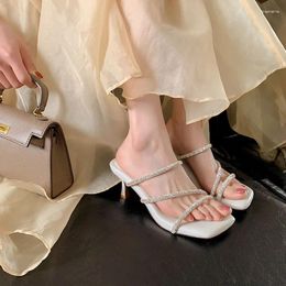 Slippers Sweet Girl Flip Flops Summer Rhinestones Chain Outside Wearing Women Simple Fine Strap Square Head Stiletto Heels Shoes