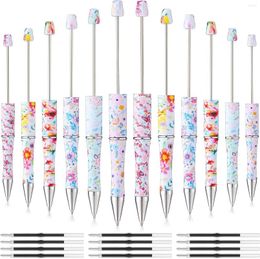 12Pc Plastic Beadable Pens Floral Bead Spring Flowers Assorted Ballpoint Pen With Refills Gift Kids Office School Supplies