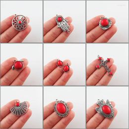 Charms Fashion Retro Antique Silver Color Flower Fans Animal Palm Shield Red Turquoise Stone Pendants