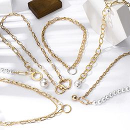 Pendant Necklaces Trendy Gold Color Necklace For Women Multilayer Long Circle Chain & Lock Pearl Pendants Choker Fashion Jewelry