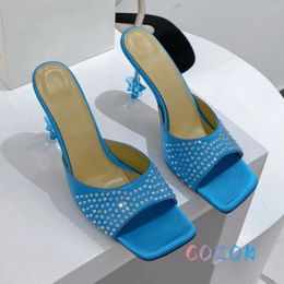 Slippers Women's Blue Silk Square Peep Toe Star Heel Mules Shoes Sexy Party Summer TPU Clear Nnightclub High Slipper