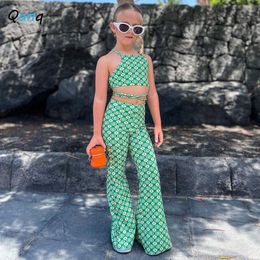 Clothing Sets Qunq Summer INS Girls Vest Square Collar Backless Bind Print Top Flared Trousers 2 Pieces Set Casual Kids Clouthes Age 3T8T 230412