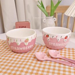 Bowls Girl Heart Pink Embossed Strawberry Round Cartoon Ceramic Bowl Breakfast Cereal Salad Rice Milk Dessert