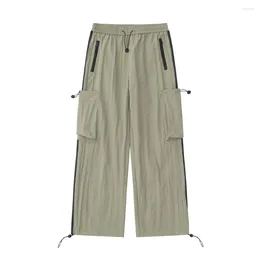 Men's Pants American Summer Street Fashion Large Pocket Casual Trousers Men Side Webbing Sports Loose Wide Leg Drawstring Long Straight Pant