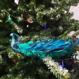 Christmas Decorations 12in Peacock Ornaments Glittered Bird Clip-On Turquoise Hanging331v