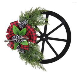 Decorative Flowers Christmas Wreath With Spoon Festive Decor Wheel Plaid Bowknot Pine Cone