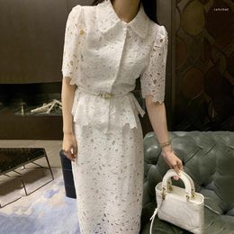 Work Dresses Lapel Short Sleeve Embroidery Crochet Shirt Temperament OL White Lace A Line Skirts 2 Piece Sets Women Tops Blouses