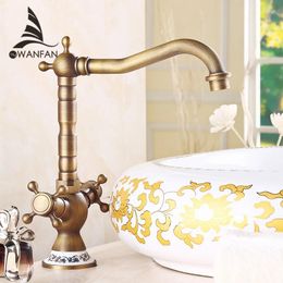 Bathroom Sink Faucets Basin Antique Bronze Brass Faucet 360 Degree Swivel Dual Handle Kitchen Washbasin Mixer Taps WC H-15