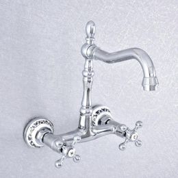 Bathroom Sink Faucets Polished Chrome Brass Kitchen Basin Faucet Mixer Tap Double Cross Handle Wall Mounted Lsf788