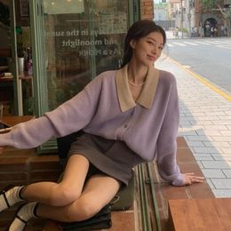 Women's Sweaters Women Knitted Jacket Purple Gentle Style Sweet Cardigan Polo Loose Sweater French Retro And Age-reducing