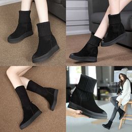 quality Boots Genuine Leather Thick Sole with Raised Height Inside Women's Shoes Autumn Winter Wool Short Korean Version High Heels Plush Snow