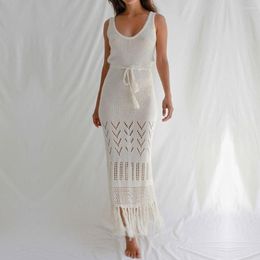 Casual Dresses Summer 2023 Hollow Out Tied Tassel Swimwear Cover-up Beach Dress Women's Bikini Blouse