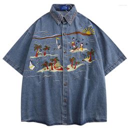 Men's Casual Shirts Hip Hop Vintage Funny Cartoon Heavy Work Embroidery Coconut Tree Wave Cowboy Short Sleeve Shirt Beach Style Couple