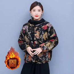 Women's Trench Coats Chinese Style Cotton Linen Quilted Jacket Autumn Winter Mom's Short Hooded Fashion Retro Printed Padded Coat Women