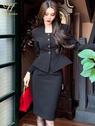 Two Piece Dress H Han Queen Spring Autumn Business Suit Skirt Women Jacket High Waist Pencil Skirts Casual Simple Office 2 Pieces Set 230411