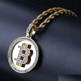 Pendant Necklaces Iced Out Round Necklace Bitcoin Symbol Gold Plated Mens Hip Hop Jewelry Drop Delivery Pendants Dhgarden Ot3Bu