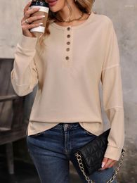 Women's T Shirts Benuynffy Women Long Sleeve Tee Shirt Solid Casual Fall Henley Top Female O-Neck Half Button Basic Waffle Knit 2023
