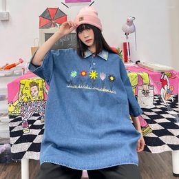 Women's Blouses Japanese Flowers Embroidery Polo Shirt Denim Shirts Women Short Sleeve Casual Men Harajuku Pullover Summer Luxury