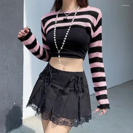 Women's Sweaters Y2k Gothic Black Pink Striped Sweater Women Long Sleeve Loose Sweet Knitted Pullovers Streetwear Harajuku Short Pullover