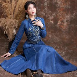 Ethnic Clothing Spring Embroidered Retro Chinese Style Handmade Coil Buckle Cheongsam Denim Dress