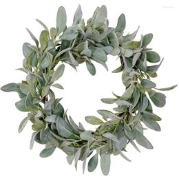 Decorative Flowers BMDT-Spring Flocked Lambs Ear Wreath Year Round Everyday Foliage On Grapevine Base With Greenery Leaves For Front Door