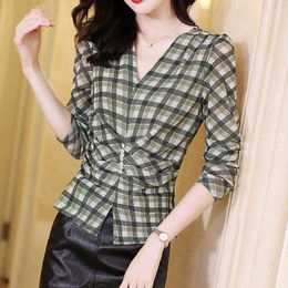 Women's Blouses Green Grid V-neck Slim Puff Sleeve Women Blouse Korean Temperament Printing Pleats Nail Bead Decorate Shirts Thin Pullover
