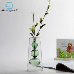 Vases Strongwell Nordic Color Glass Vase Art Ornament Desktop Hydroponic Double-Layer Flower Vase Modern Home Decoration Wedding Gift P230411