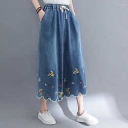 Women's Pants Women Summer 2023 Art Embroidery Seven-Point Wide-Leg Skirt Casual All-Match Elastic Waist Tie Vintage Baggy Jeans Female