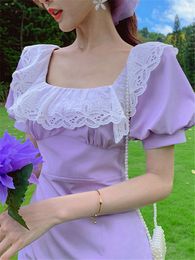 Women's casual dresses square collar short puff sleeve lace patchwork purple Colour slim waist a-line dress S M L XL