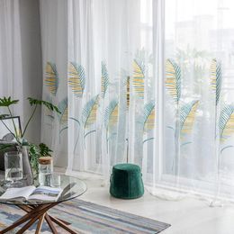 Curtain American Blue Yellow Embroidered Leaves Voile Veranda Partition Curtains Window Screen Sheer Household Bedroom Tulle Drapes #4