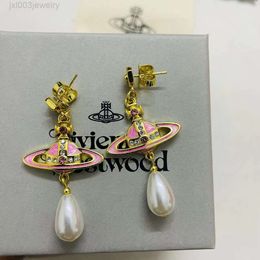 Designer Viviene Westwoods Earring Empress Dowager Dowager's Light Pink Enamel Saturn Water Drops Pearl Earrings Female Vivian Classic Planet Earrings