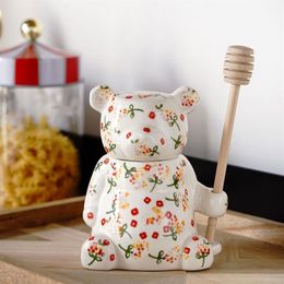 300ml Ceramic Cute Bear Honey Jar With Lid Storage Jar For Kitchen Spoon Home Decor Accessory Kitchen Tools Creative Gifts2071