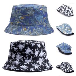 Wide Brim Hats 2023 Fashion Summer Reversible Black Blue Coconut Tree Printed Fisherman Caps Panama Bucket Gorro Pescador Men Women