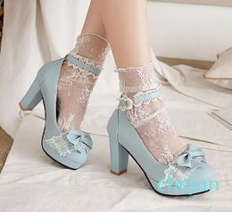 Dress Shoes Girls Sweet Bowknot Lace Bridal Wedding Women High Heel Mary Jane Princess Pumps Pink Plus