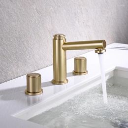 Bathroom Sink Faucets Luxury Brushed Gold Faucet 2 Handles 3 Holes Bain Design Waterfall Golden Cold Water Wash Basin Tap