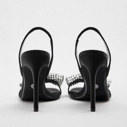 New Sandals Bow High Heeled Women Autumn Black Slingback Heels Luxury Rhinestones Wedding Pumps Plus Size Shoes 230406