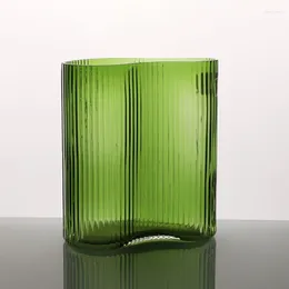 Vases Green Vertical Stripe Glass Cylinder Vase For Flower Tabletop Hand Blown Home Decoration