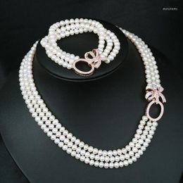 Chains 3rows Freshwater Pearl Near Round 7-8mm Necklace Bracelet Wholesale Beads 18-20inch Nature Unique Clasp