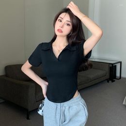 Women's Polos Women's V-Neck High Stretch Slim Sexy Cropped Polo Shirt Femme Cotton Anti-Pilling Curved Hem Summer Ladies Tops Drop