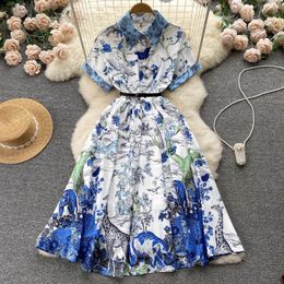 Vintage oil painting style gentle print dress 2023 summer new waistband slimming style celebrity A-line skirt