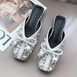 Slippers Women Square Head Rhinestones Beaded Women's Shoes 2023 Trend Muller Net Red Slipper For Ladies Sandals