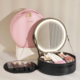 Makeup Brushes PU Multifunctional Toiletries Organizer With LED Mirror Case Light 3 Color Adjust Brightness Touch Switch For Women Girls