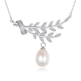 S925 Silver Pearl Pendant Necklace Jewellery Fashion Women Micro Set Zircon Olive Branch Necklace Sexy Collar Chain for Women Wedding Party Valentine's Day Gift SPC