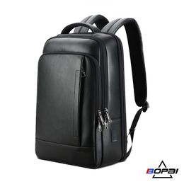 Backpack BOPAI 100% Genuine Leather Backpack Laptop Men Business Casual Waterproof Backpack Male Black Cowhide Computer Backpack 15.6inch 230411
