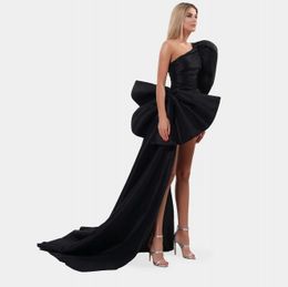 Black Mini Sheath Prom Dress 2023 With Ribbon One Shoulder Puff Sleeves Beads Sexy Short Evening Formal Gowns Robe De Soiree Vestidos Feast Customed